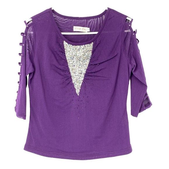 Dong Tai Womens Bling Sequin Bead Top Purple Size M 3328 Pullover ladder sleeve - Picture 1 of 5